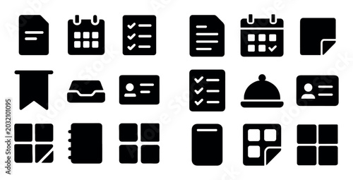 Document and calendar concept icons with checklist, ID card and notebook for web interface design in solid style