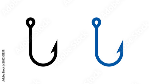 Fish hook icons set in black and blue minimalist vector style for fishing equipment design