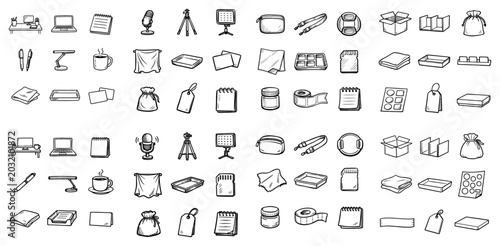 Workspace and tools concept icons with laptop microphone notebook for digital presentation in sketchy hand drawn style