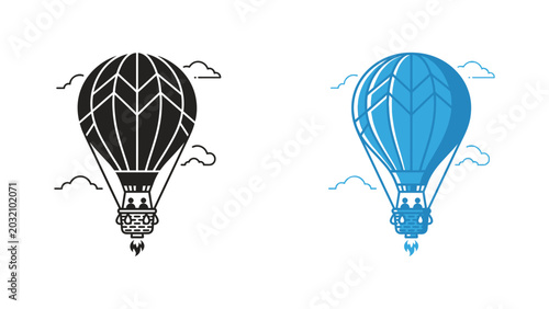 Tableau sur toile Hot air balloon icons in black and blue flying through clouds with passengers in