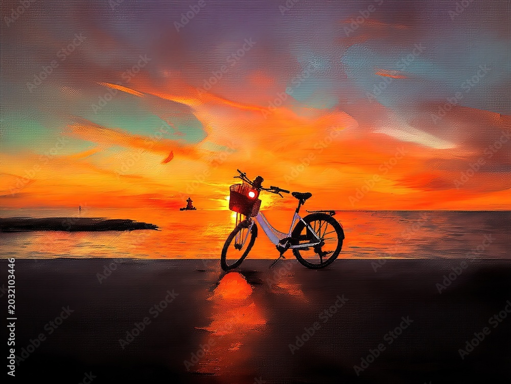 Obraz premium Scenic beach at dusk with bicycle and front basket silhouetted