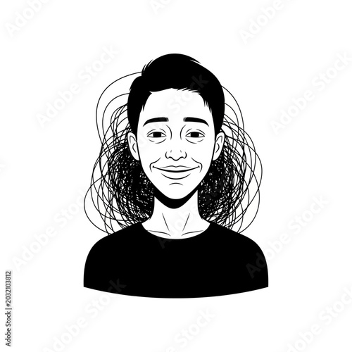 Smiling portrait graphic, thought bubble, black and white