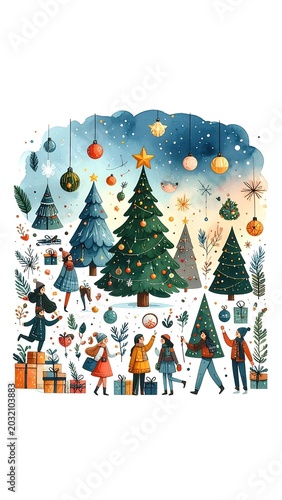 People celebrate Christmas with trees and gifts.