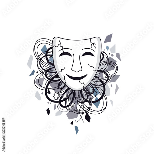 Smiling theatrical mask illustration, with elegant cracked surface, abstract background