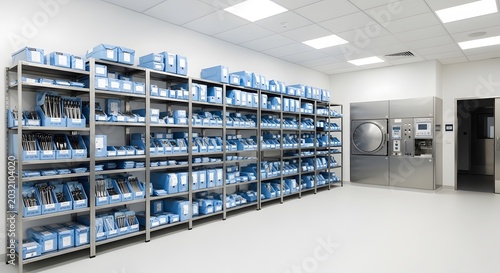 Surgical instrument storage room with shelving and sterilization equipment