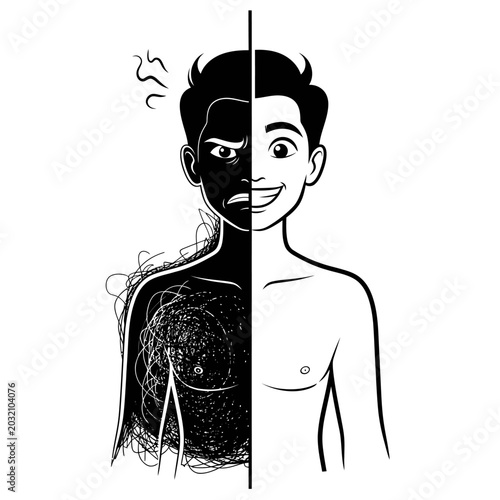 Split Personality Illustration: Happy and Angry Man, Mental Health Concept