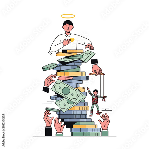 Stacked money with heavenly figure, puppet, and supporting hands illustration
