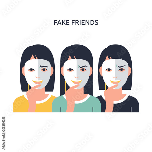 Three masked women, concept of insincerity, deceit, fake friendship