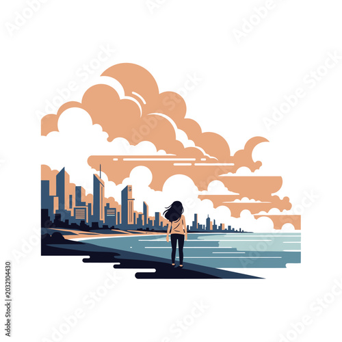 Woman admiring a coastal city skyline, vector art illustration