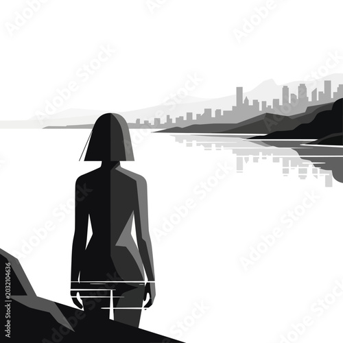 Woman gazing at serene cityscape by a tranquil lake; monochrome illustration.