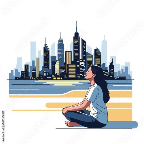 Woman meditating city view, mindfulness and relaxation concept