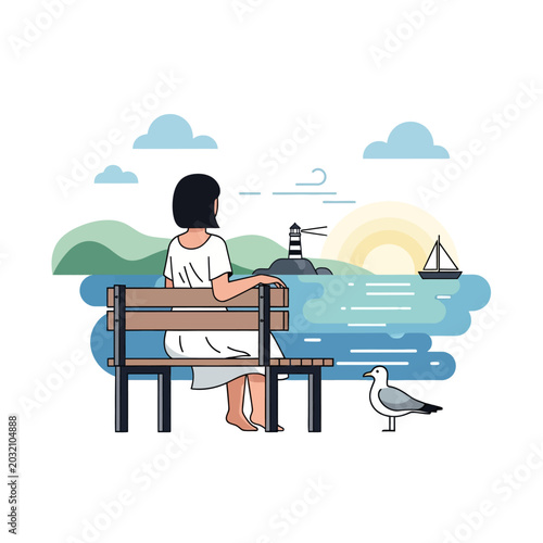 Woman on park bench overlooking sea and lighthouse illustration
