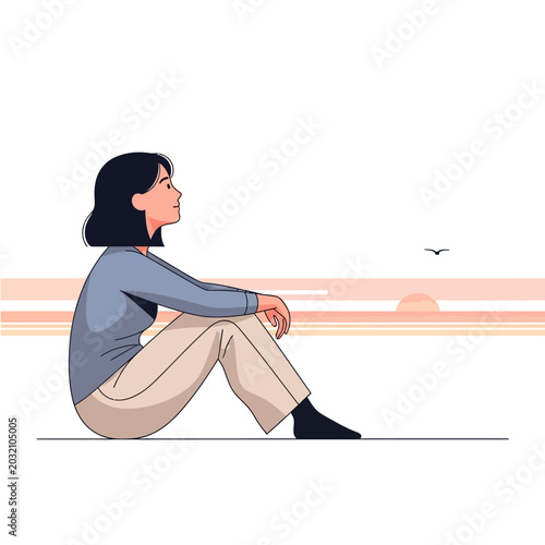 Woman sitting peacefully, watching sunset vector illustration