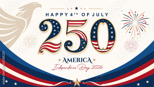 Foto Happy 4th of July 2026 Banner Template with Patriotic American Typography, Firew