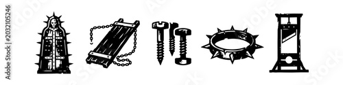 Foto Medieval Torture Devices Grunge Icon Set