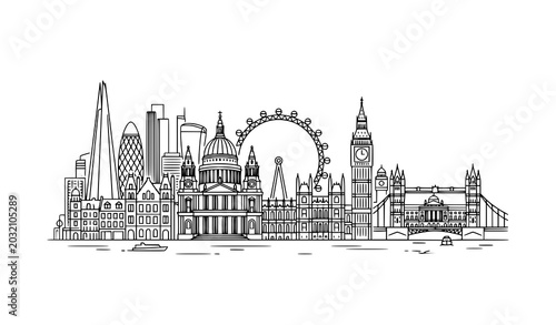 Obraz na plátně Modern London skyline outline vector in minimalist black and white line art styl