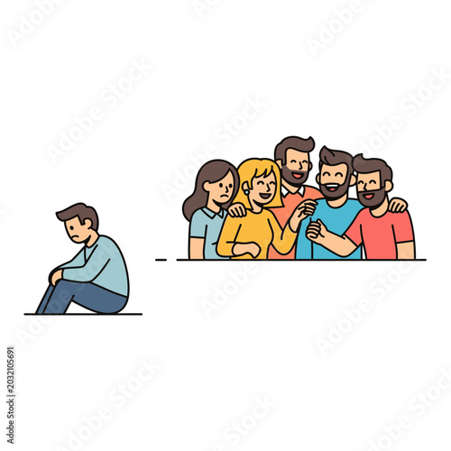 Illustration of loneliness vs Friendship, Depression and Support concept