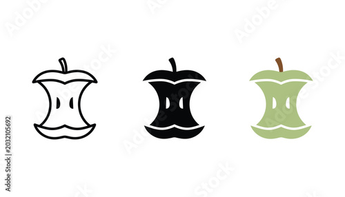 Fotografie Apple core fruit waste icon set featuring outline solid black and flat color sty