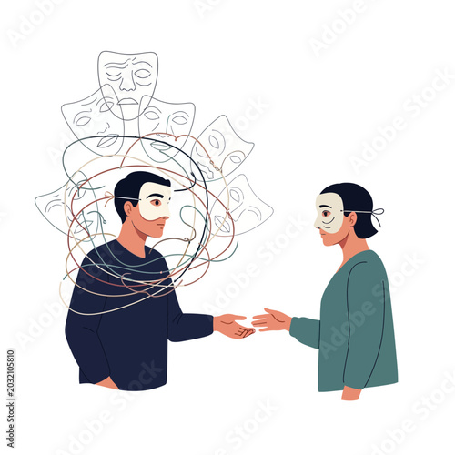 Illustration of people with masks, emotional confusion concept