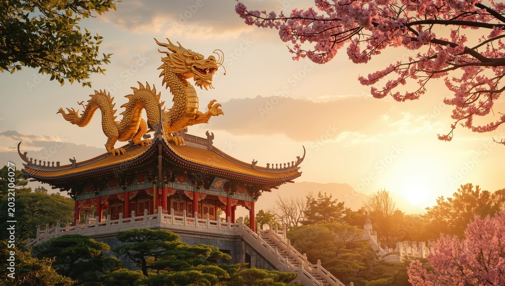 Obraz premium Statue of a dragon atop the temple.