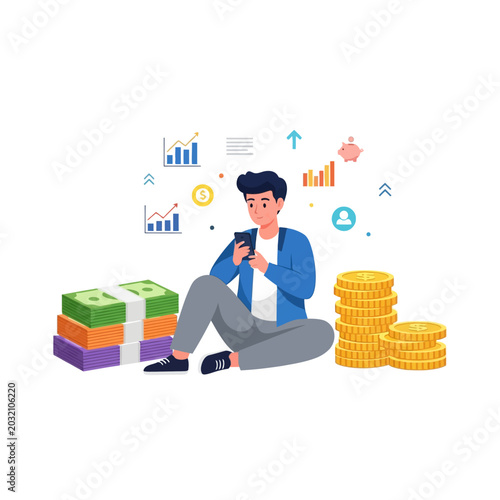 Investor checking finance data on a smartphone, money and graphs