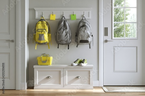 Organized back-to-school backpack station with lunchbox and sneakers by front door