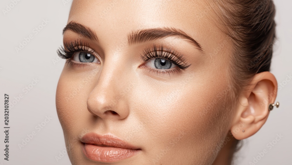 Fototapeta premium Stunning woman close-up post lash lamination and tinting on a light backdrop.