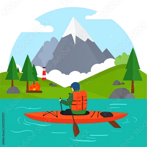 Person kayaking on serene mountain lake.