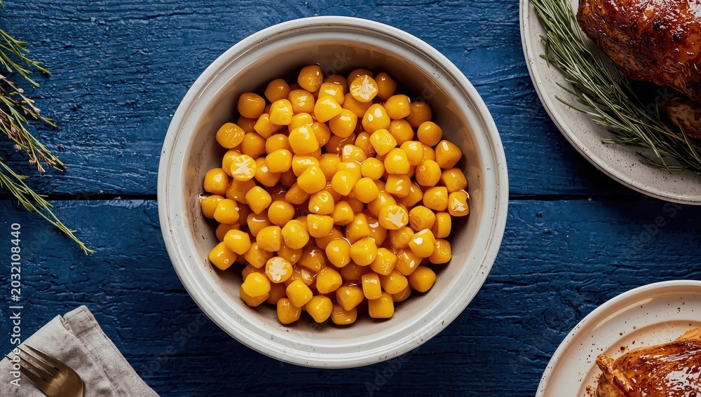 Obraz premium Tasty buttered corn in a bowl on a blue wooden surface.