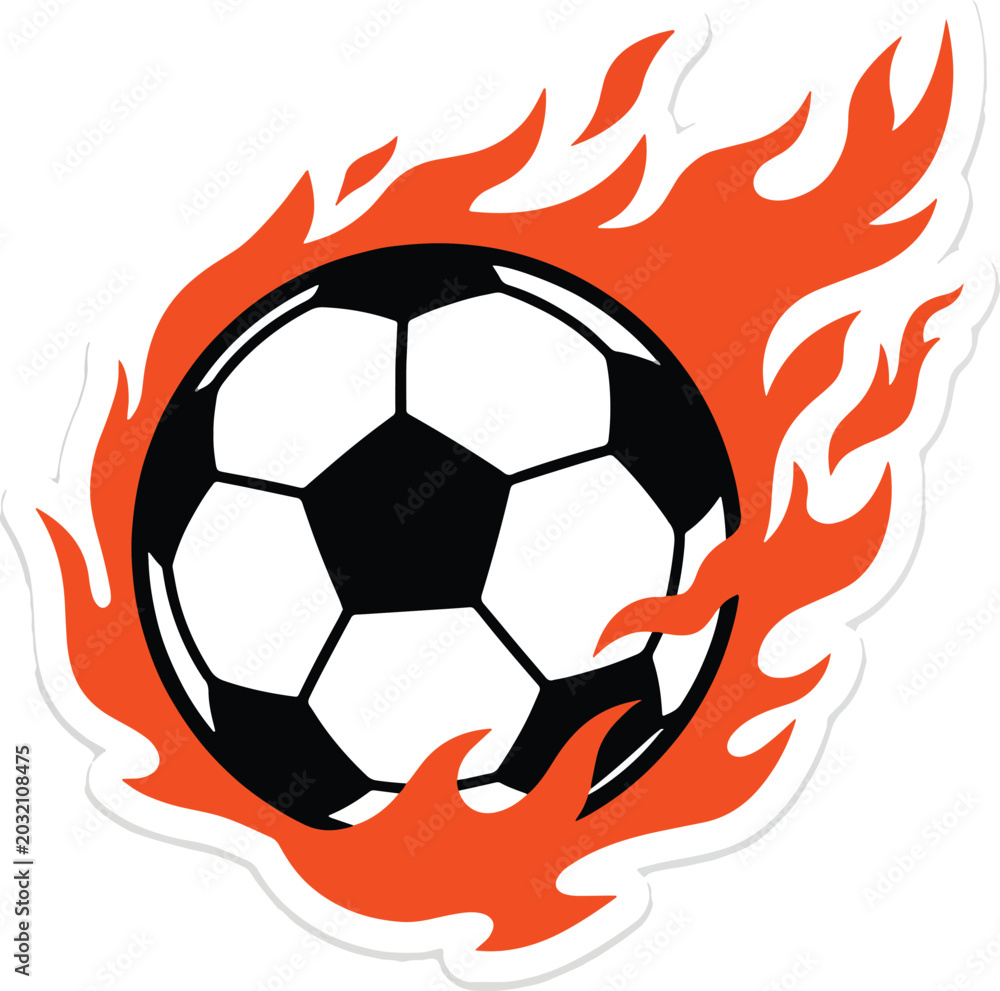Fototapeta premium Soccer ball burning with intense orange flames on isolated transparent background vector graphics.
