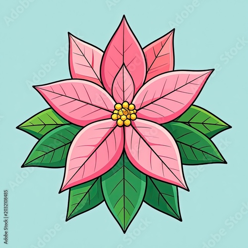 Pink Poinsettia Flower with Green Leaves.
