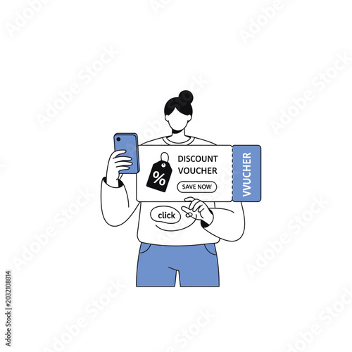 Woman using discount coupon on smartphone - Vector illustration