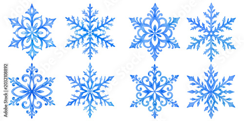 Photos A charming watercolor collection of blue snowflakes featuring delicate frost crystals, ornamental winter motifs, and hand painted icy details illustrated in an elegant festive seasonal style