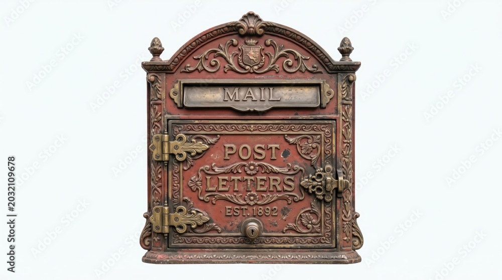 Fototapeta premium Vintage metal mailbox mounted on the wall, set against a white background.