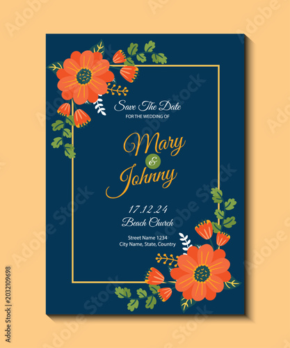 Navy Blue Luxury Wedding Invitation Card Design, Elegant Gold Floral Wedding Template, Rustic Botanical RSVP Invitation Vector, Modern Thank You Card Illustration, Leaf Greenery Branch Decorative 