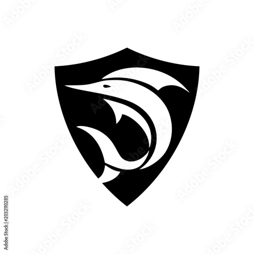 Shield style marlin emblems suitable for security, police, agency and authority branding. Badge concept for protection and control identity.