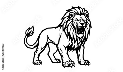 Photography Detailed Roaring Lion Standing Wildlife Animal Mascot Black Outline Vector Illus