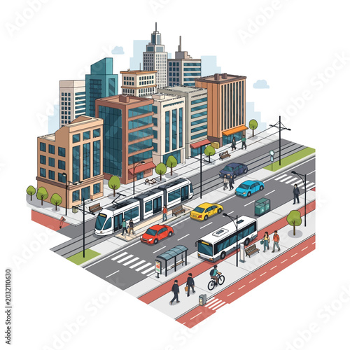 Isometric urban scene with buildings, transportation and pedestrians