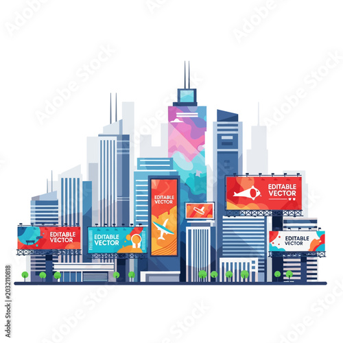 Modern City Skyline with Billboards, Vector Illustration