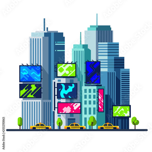 Modern city skyline with buildings, billboards, and taxis
