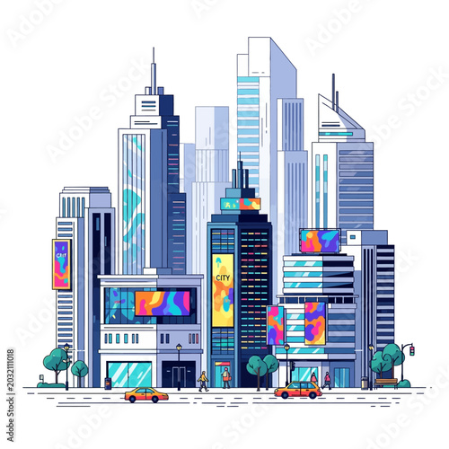 Modern Cityscape Illustration: Digital Urban Scene, Buildings, and Architecture