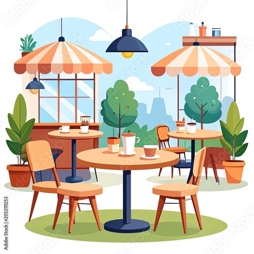 Outdoor restaurant seating area with tables.