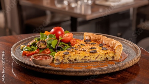 Savory beef and mushroom quiche on a plate, accompanied by a vegetable salad and chili sauce.