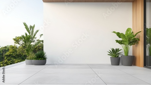 Bright, minimalist modern balcony with lush potted plants and large white empty wall for copy space or product display. Clean contemporary design., Balcony, Mockup