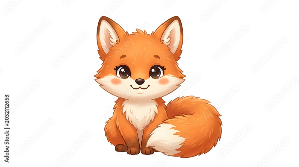 Fototapeta premium A cute and charming cartoon fox illustration featuring soft fur texture and large expressive eyes sitting gracefully in a friendly pose Isolated on transparent background