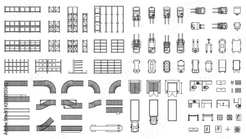 Warehouse Logistics CAD Blocks Premium Top View Vector Set of Editable Line Art Elements Featuring Racks Forklifts Conveyors and Loading Docks Industrial Planning Toolkit