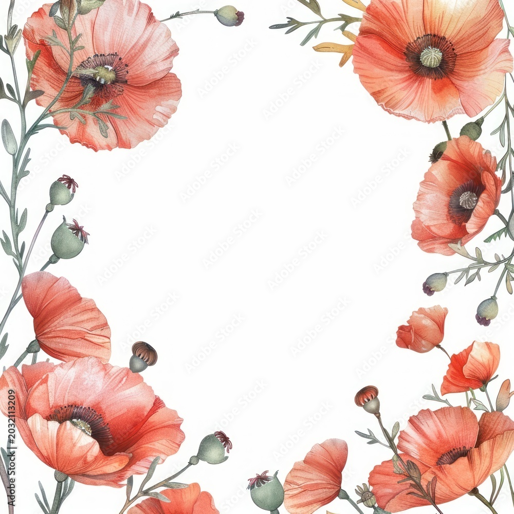 Obraz premium Poppies border watercolor backgrounds flower poppy.