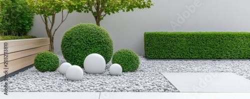 Minimalist garden with white pebbles, sculpted green topiary (sphere, ovoid, hedge) and modern white decor elements against a clean wall. Serene, contemporary landscape design. Garden