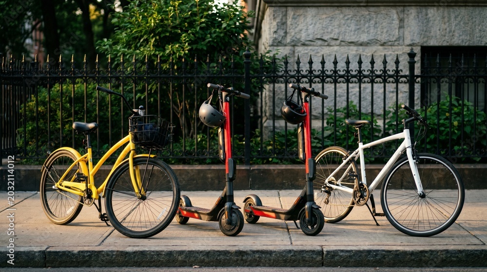 Fototapeta premium Three colorful eco-friendly transportation options, yellow bicycle, red electric scooter, white bicycle, parked on sidewalk, urban, modern, sustainable, mobility, transportation, outdoors