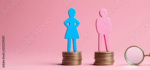 Concept photo illustrating gender pay gap. Figurines stand atop stacks of coins, woman on top, men below. Magnifying glass explores income disparity in business, finance, economics. Equality, wage